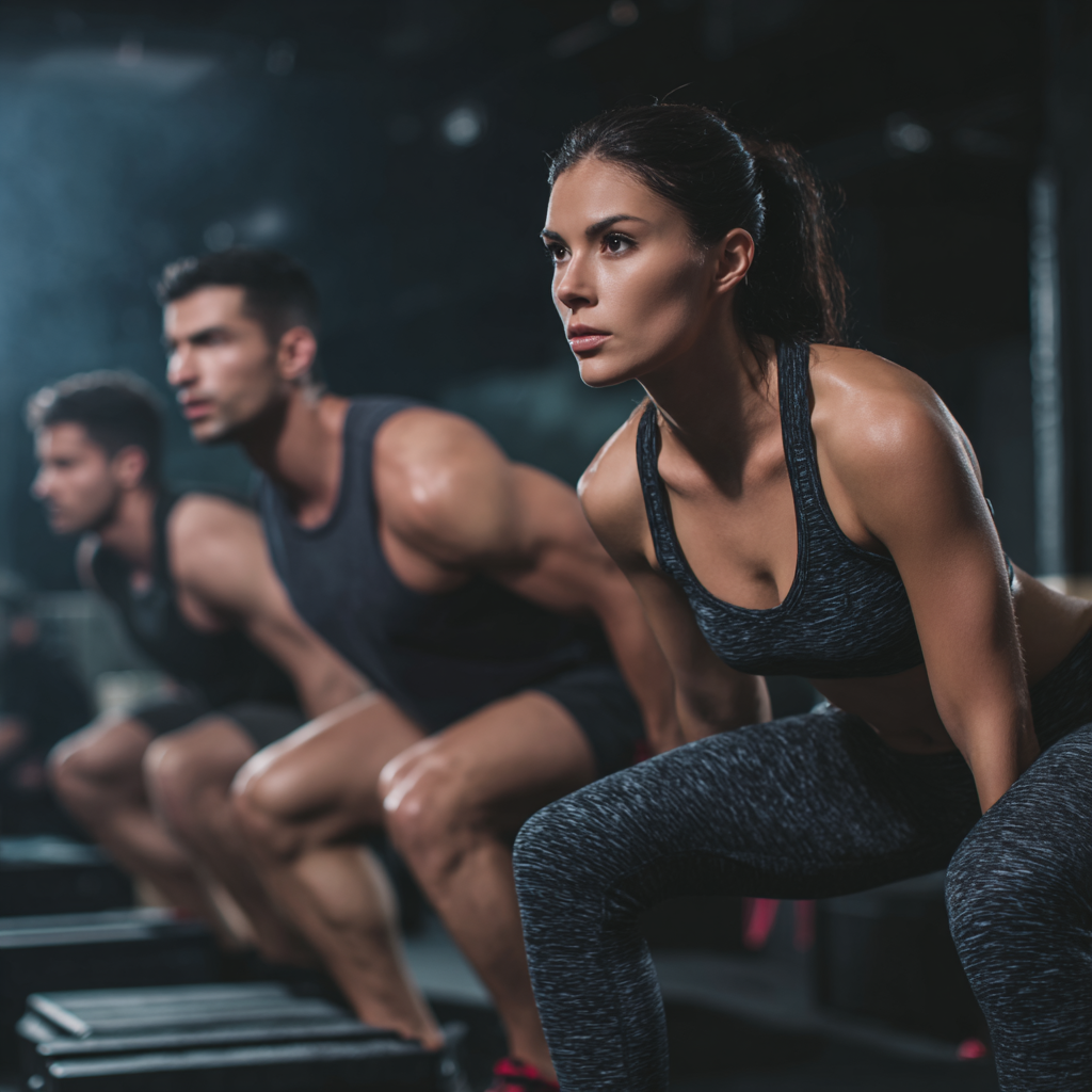 Skupina slovenských dospelých rôznych vekových kategórií cvičí koordinačné pohyby v modernom fitness centre, všetci sa usmievajú a vyzerajú sústredene